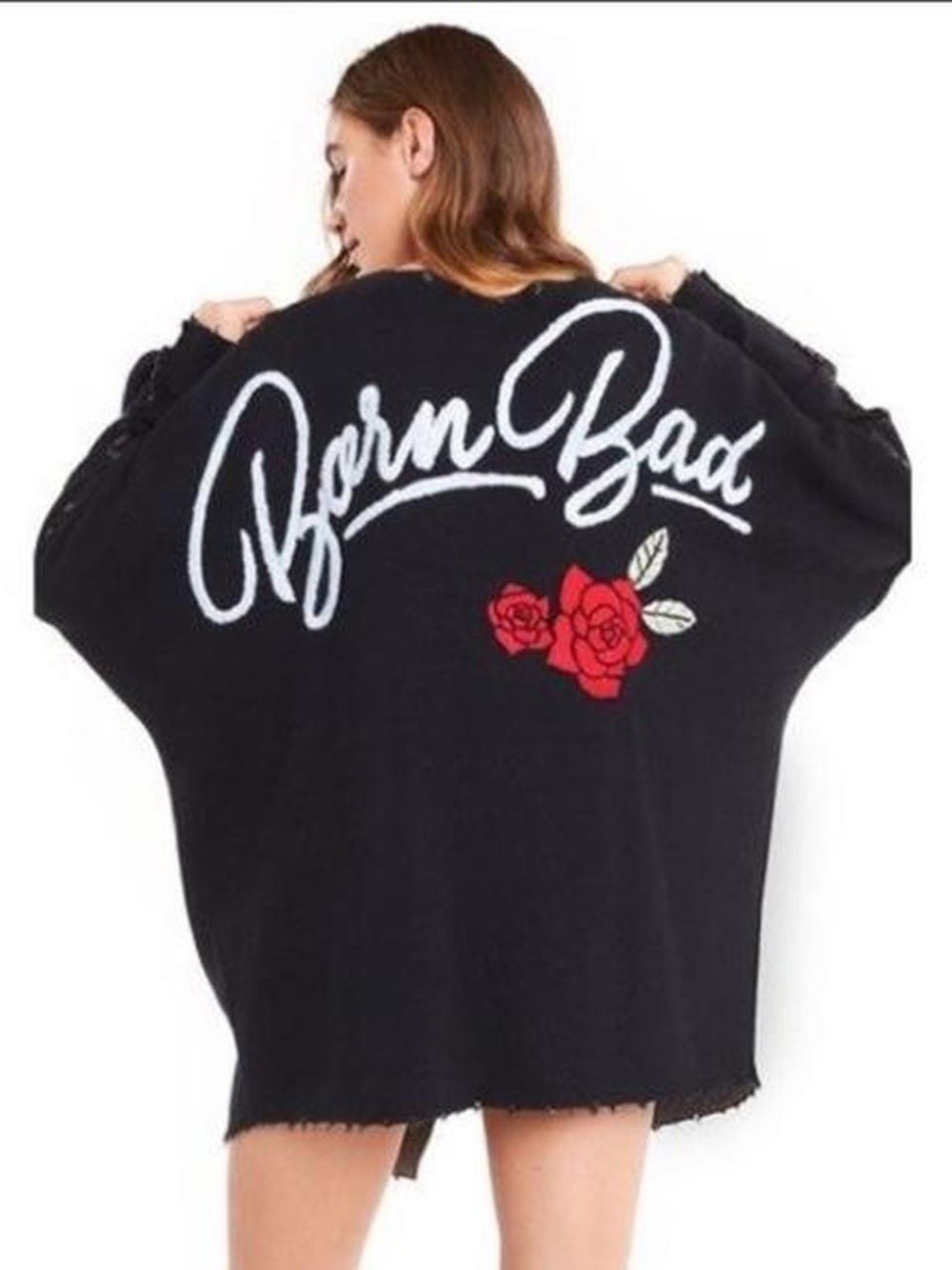 Wild fox “Born Bad Black” Oversized Sweater with Red Rose Embroidery
